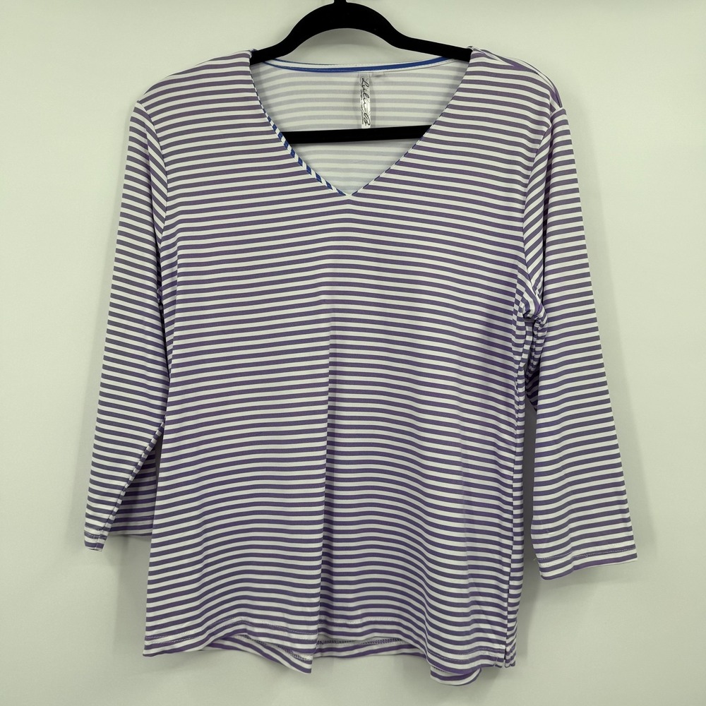 Lulu B T-Shirt‎ Womens Medium Purple Tunic V-Neck Nylon UPF Striped Relaxed